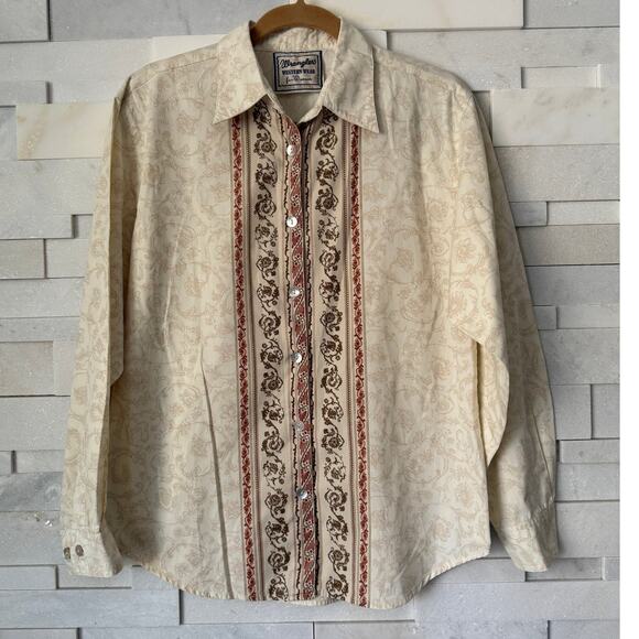 VINTAGE WRANGLER Western Wear Front Print Long Sleeve Shell Button Front Shirt M - Picture 1 of 5